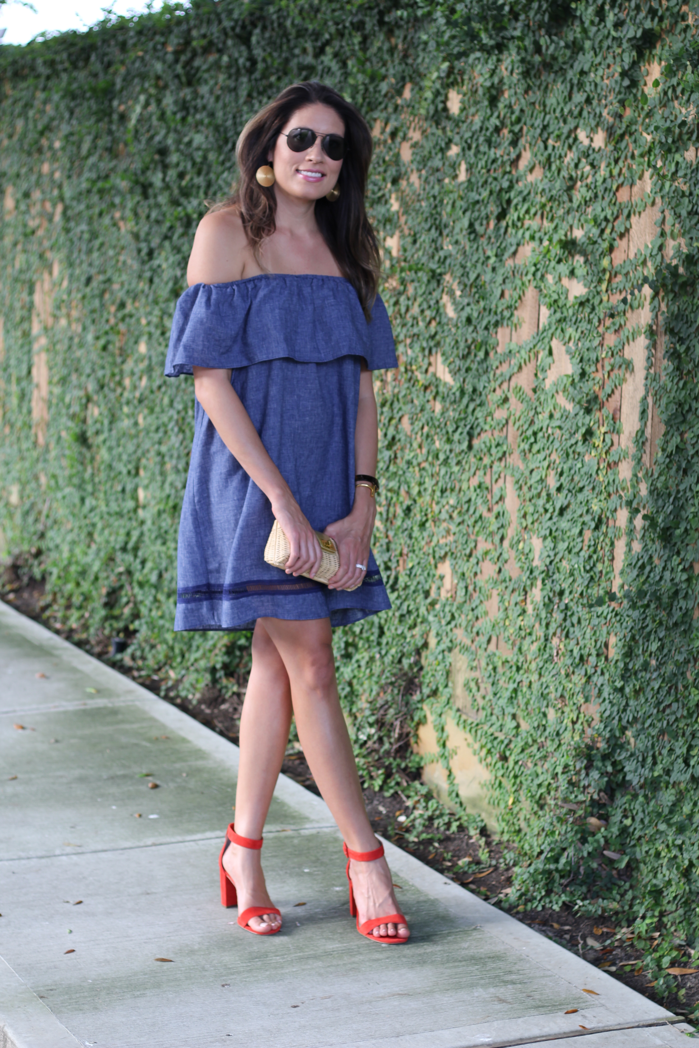 Off the shoulder dress with a pop of red for date night 