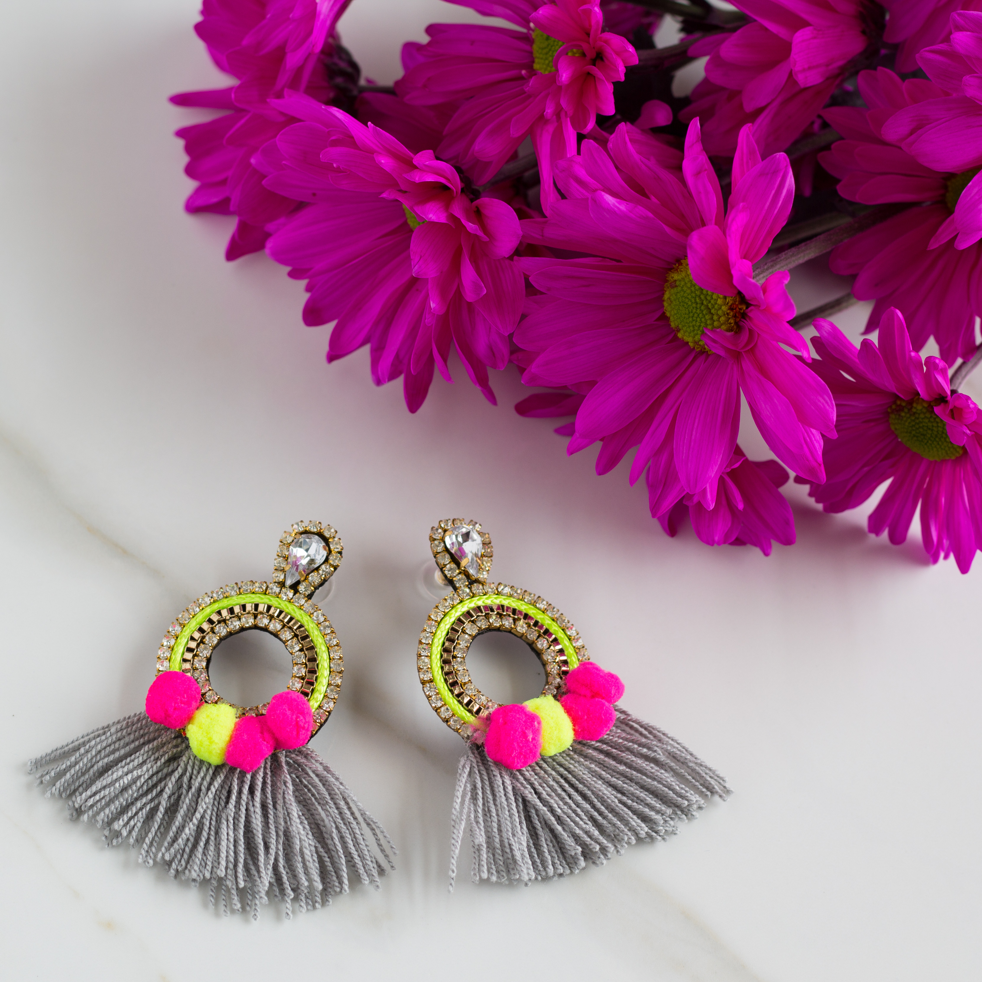 statement earrings, lightweight, tassel, pompom accessories