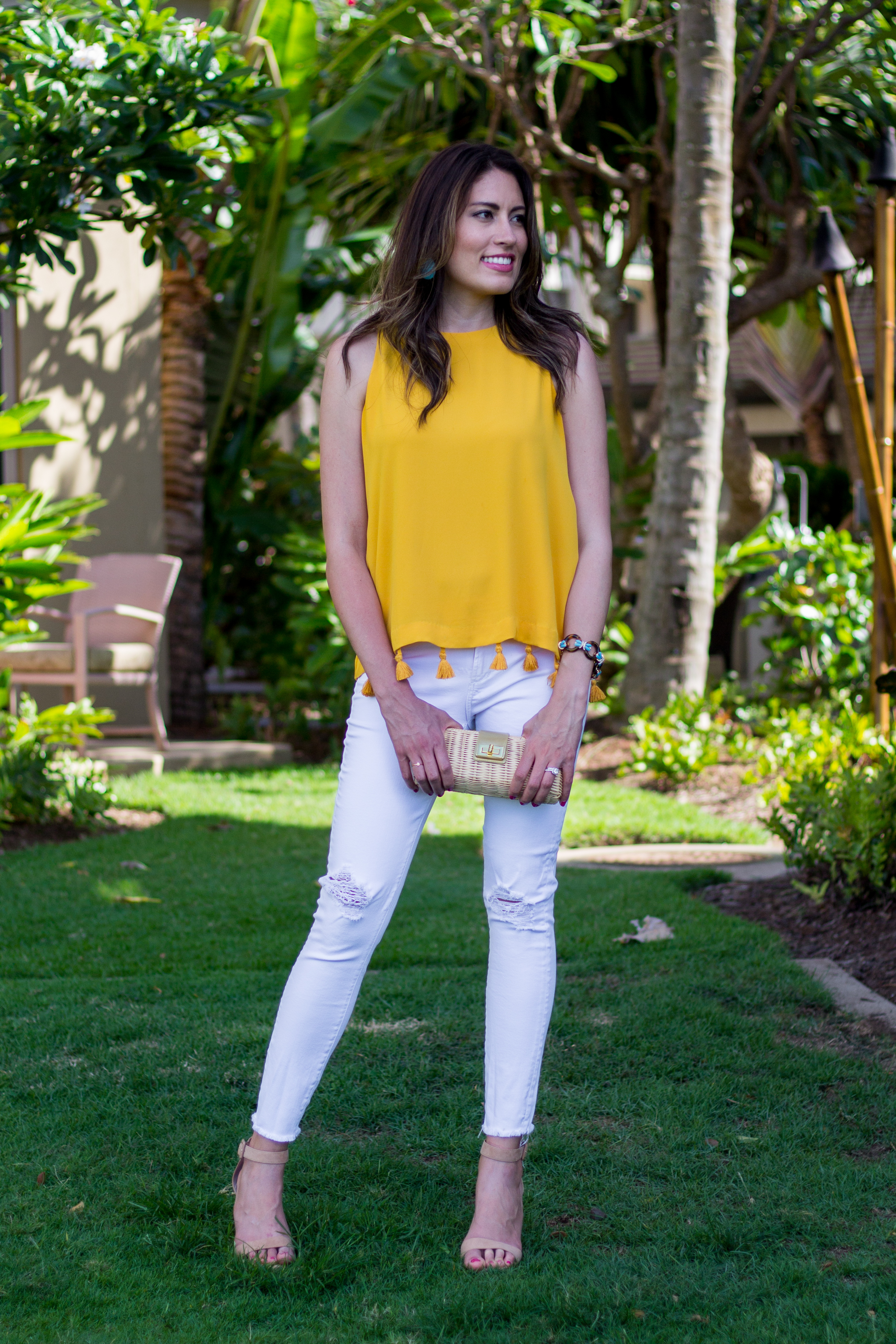 yellow tassel top, white denim laureenloves.com