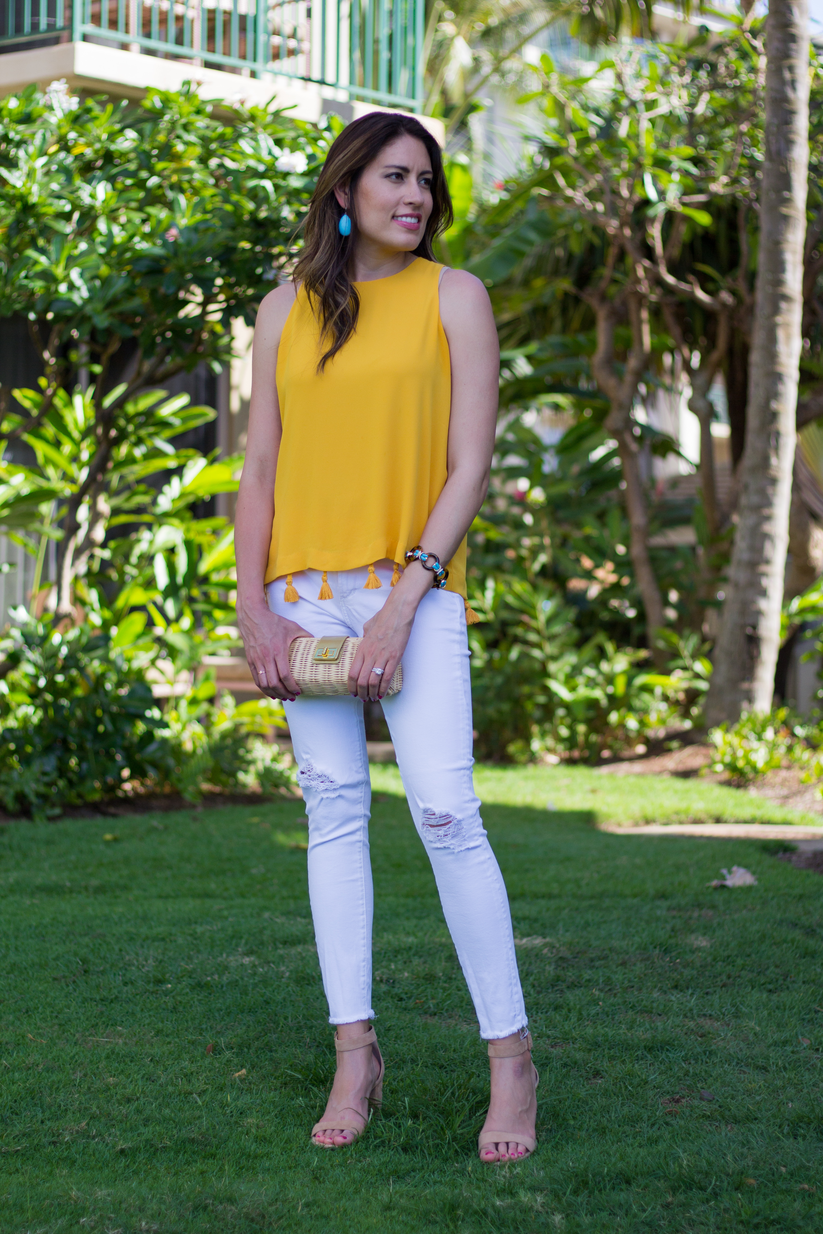 yellow top with white jeans