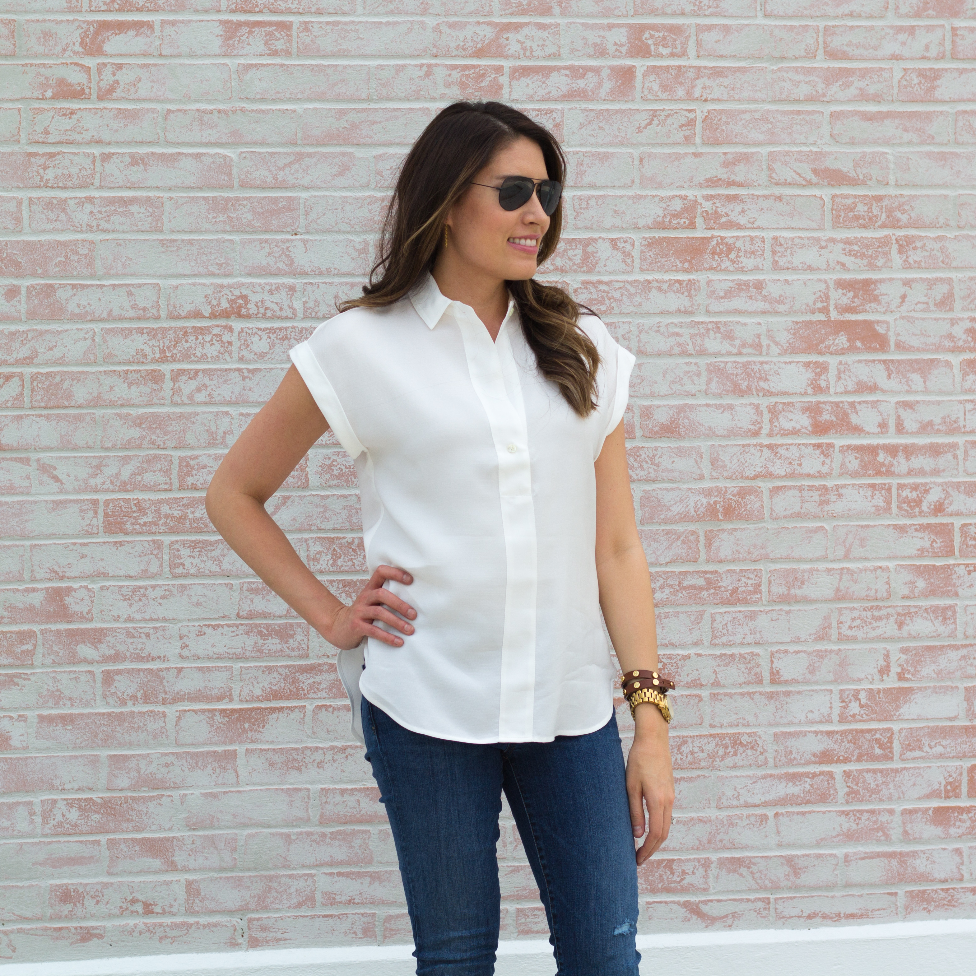 suede blocked heels, red blazer, distressed denim, casual workwear, white Jcrew shirt