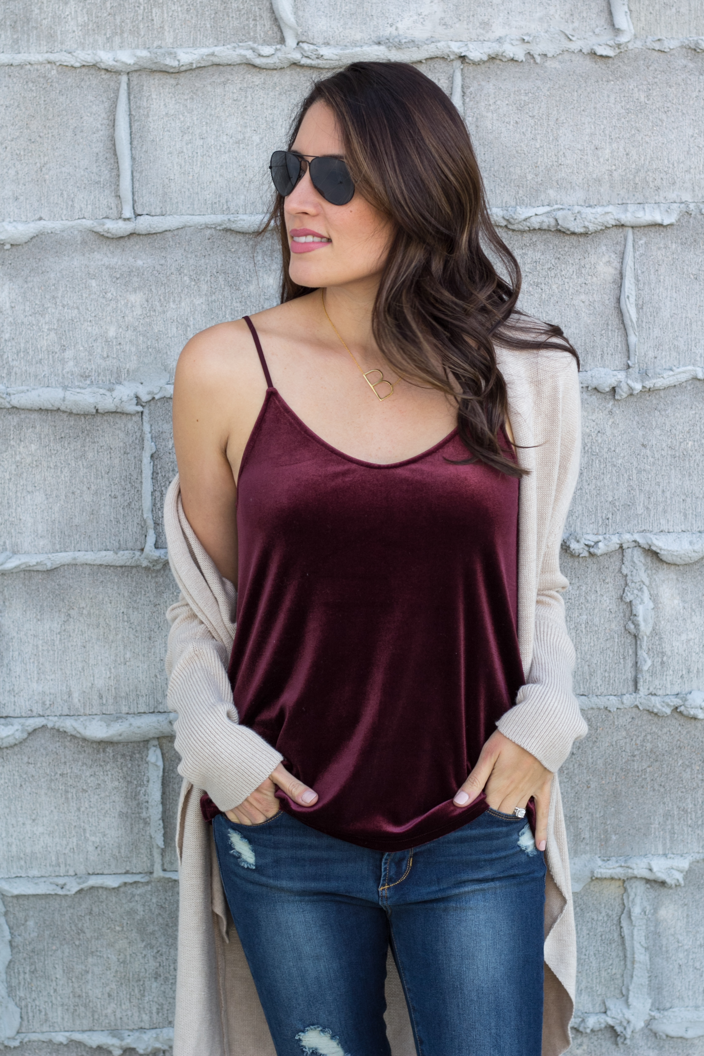 velvet cami, cardigan, fall style 