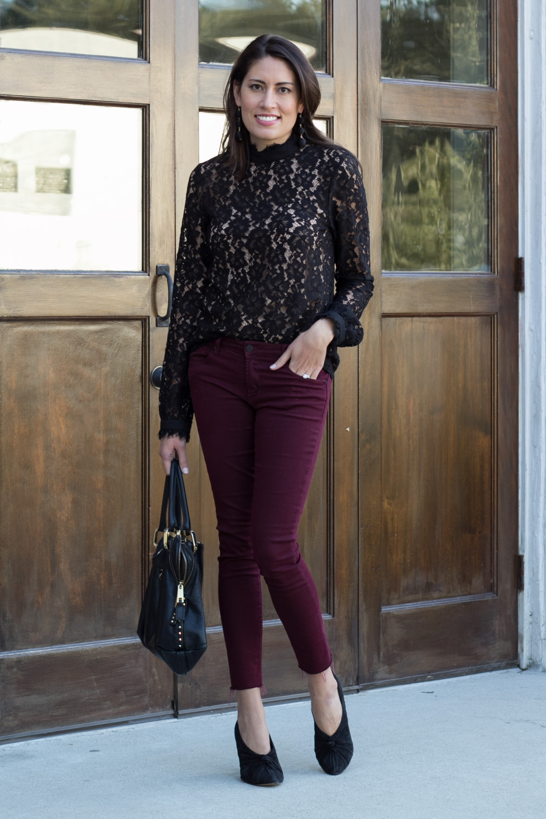 WAYF BLACK LACE TOP, burgundy denim, holiday casual outfit