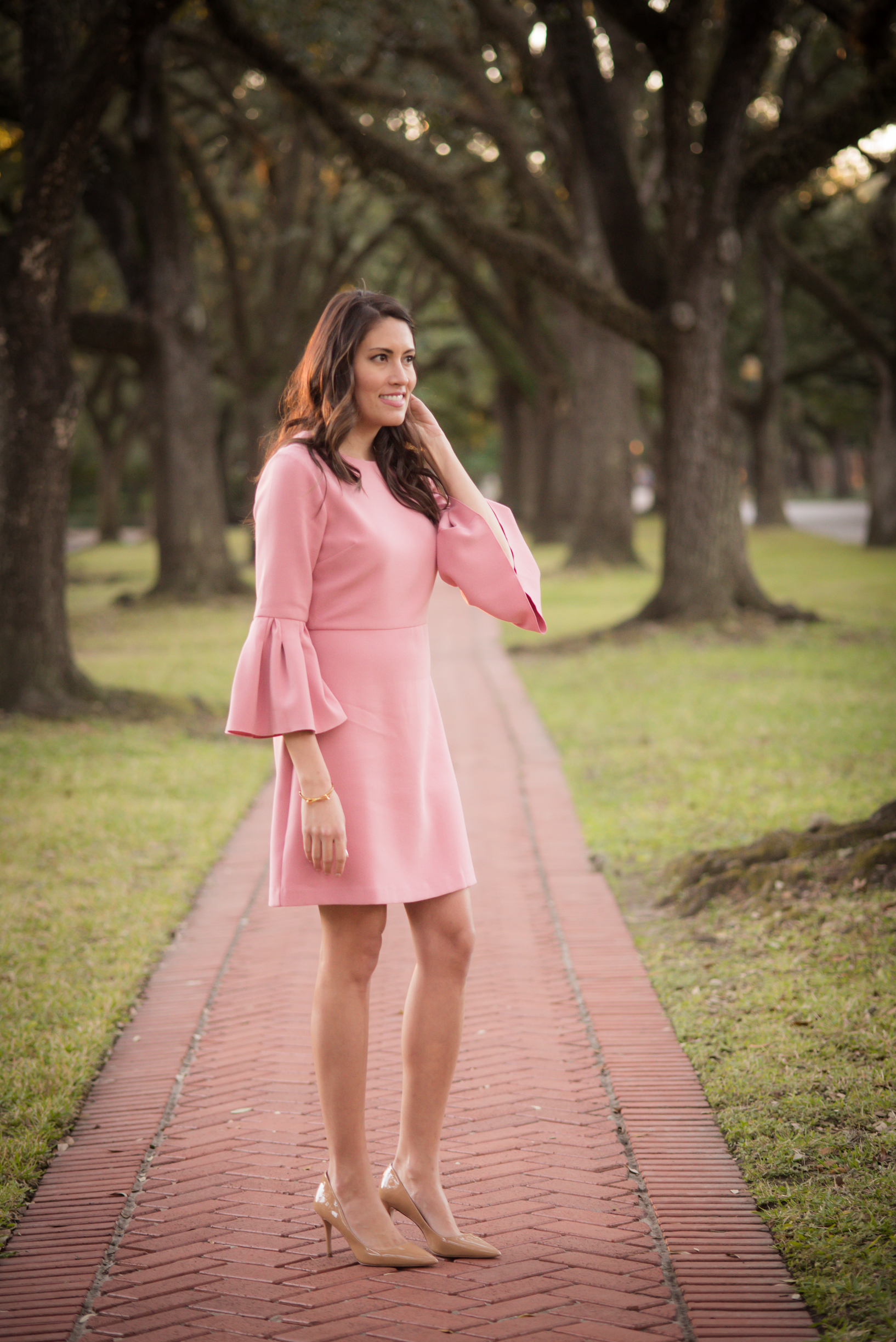 pink bell sleeve dress, spring dress, pink ann taylor dress