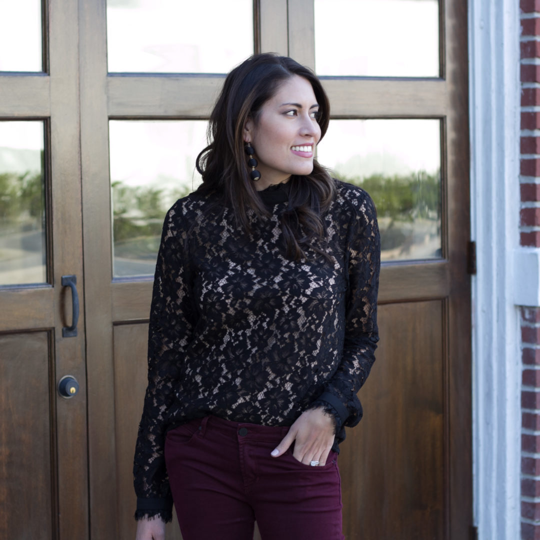 black lace top, WAYF, casual holiday party look